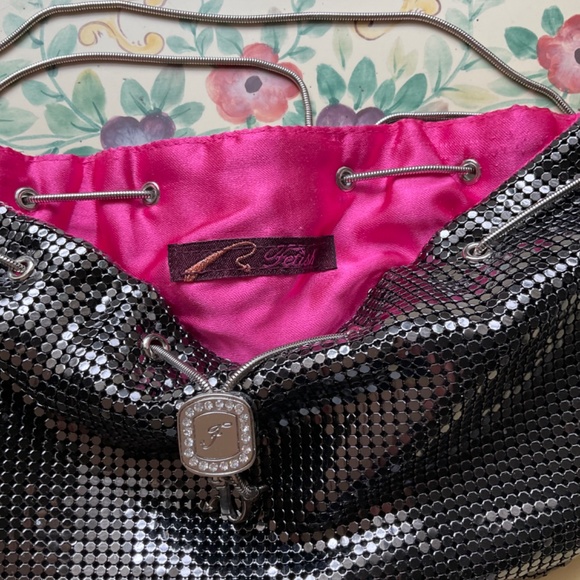 Fetish, 2000’s evening bag, metallic charcoal mesh, hot pink lining. - Picture 2 of 3